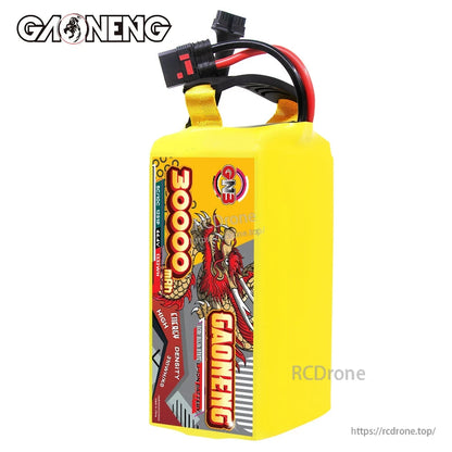 Front view of yellow GAONENG 30000mAh battery pack showing label panel and top strap leads