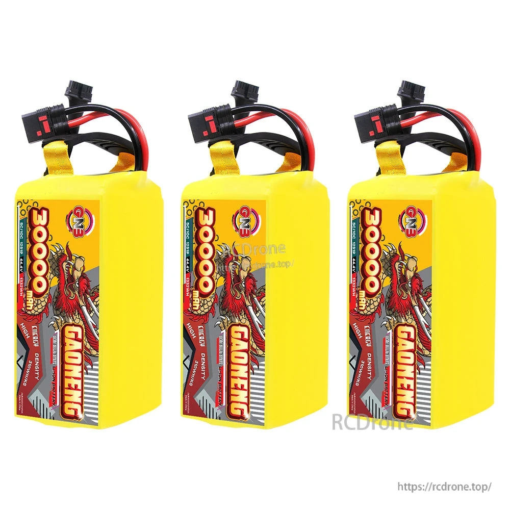 Three-pack lineup of GAONENG 30000mAh battery packs, front labels aligned