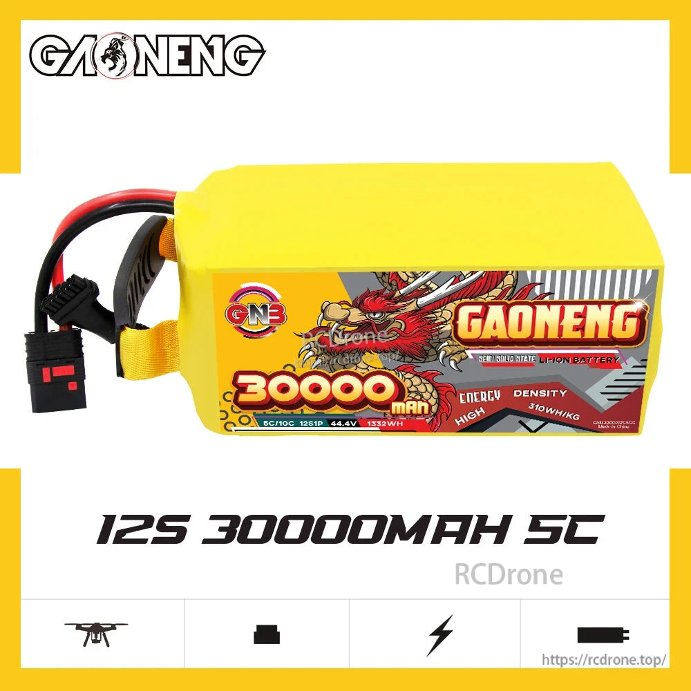 GAONENG 12S 30000mAh 5C battery pack product graphic on white background with branding