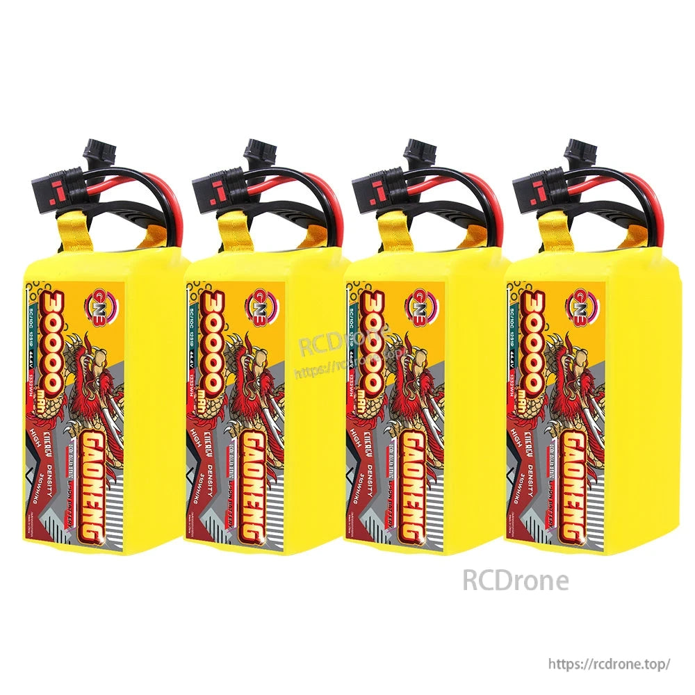 Four-pack lineup of GAONENG 30000mAh battery packs, upright with connectors on top
