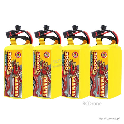 Four-pack lineup of GAONENG 30000mAh battery packs, upright with connectors on top