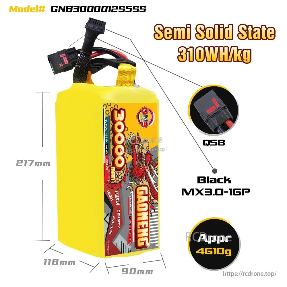 Battery pack size diagram with QS8 discharge connector, MX3.0-16P plug, dimensions and 4610g weight
