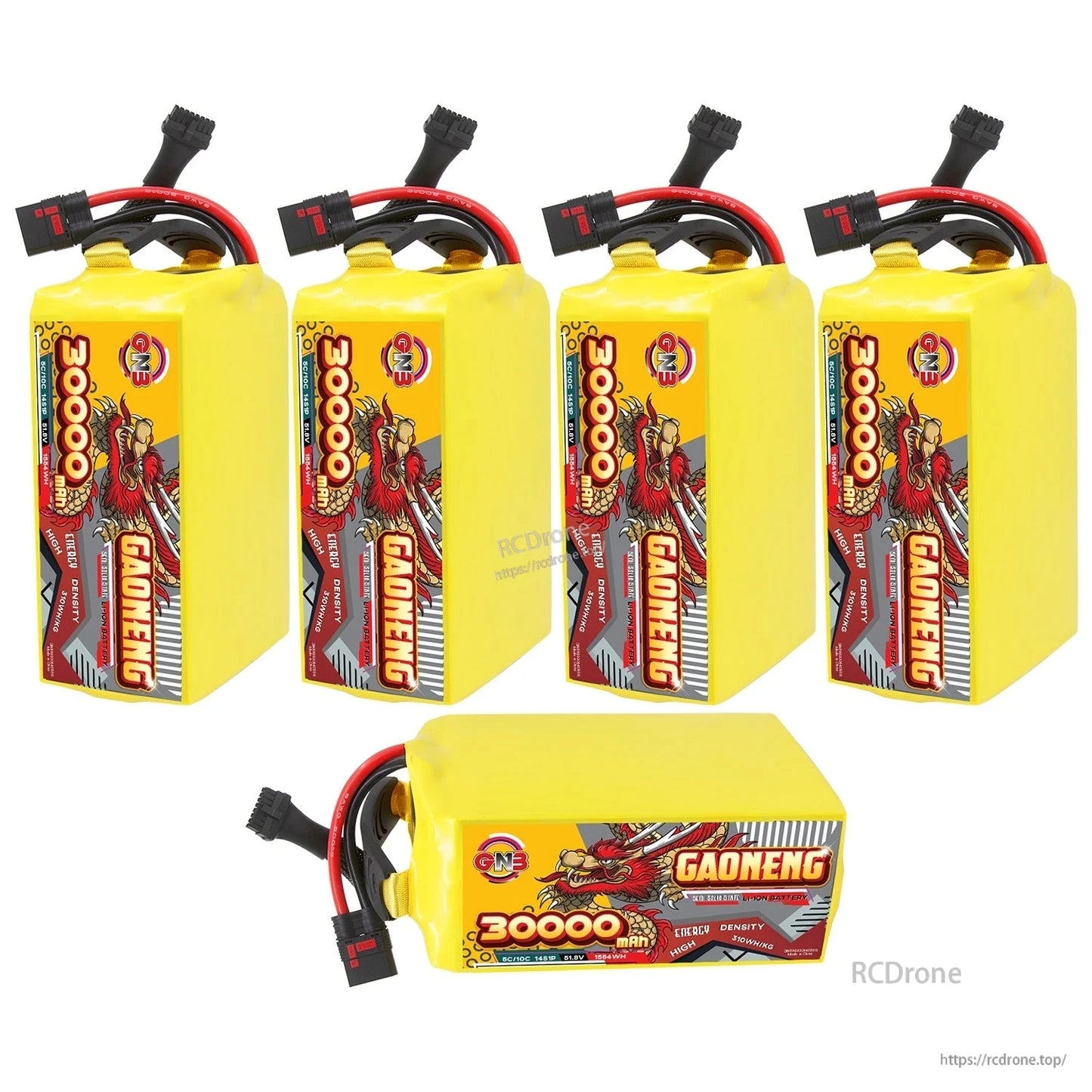 Five-pack display: four upright GAONENG battery packs plus one horizontal unit in front