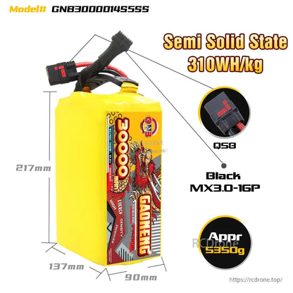 Battery pack dimensions and connector callouts, QS8 plug, 310Wh/kg and approx. 5350g shown