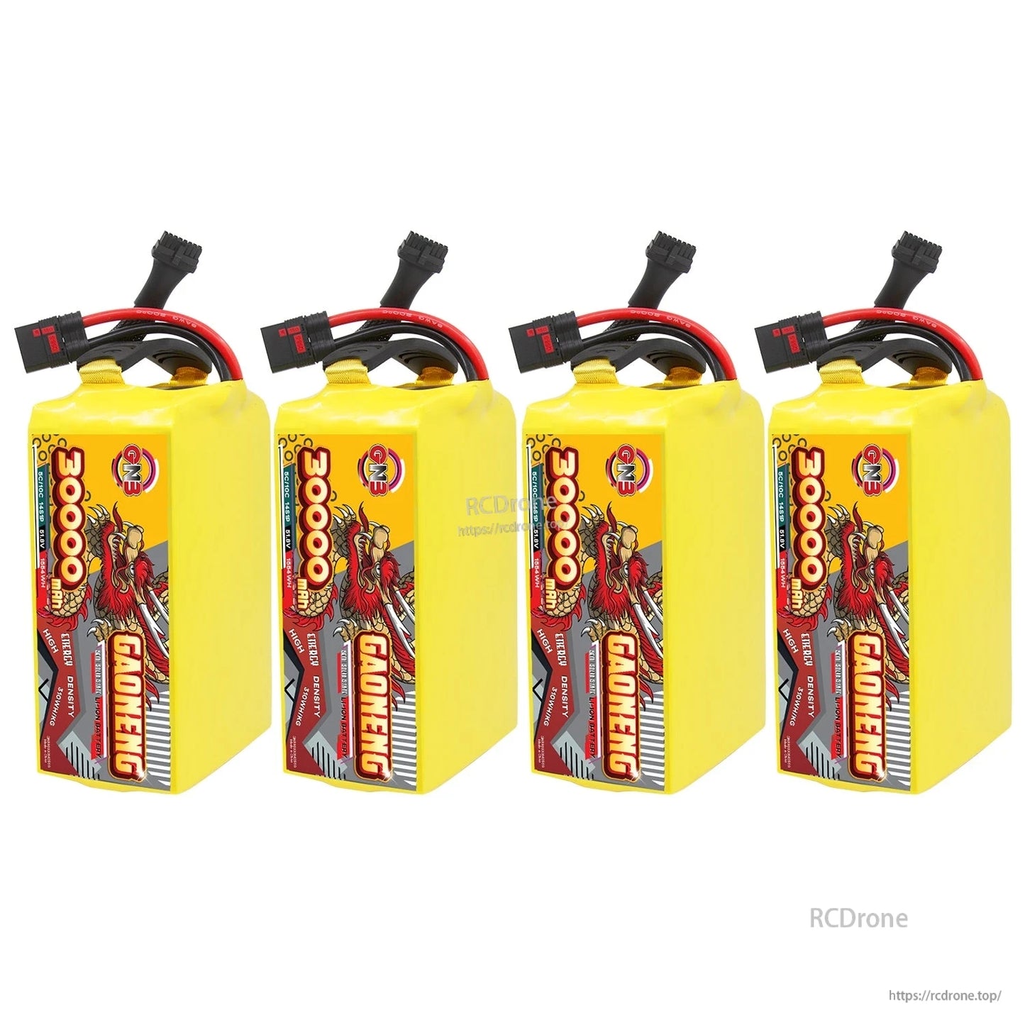 Four GAONENG 30000mAh battery packs lined up upright with connectors and cables