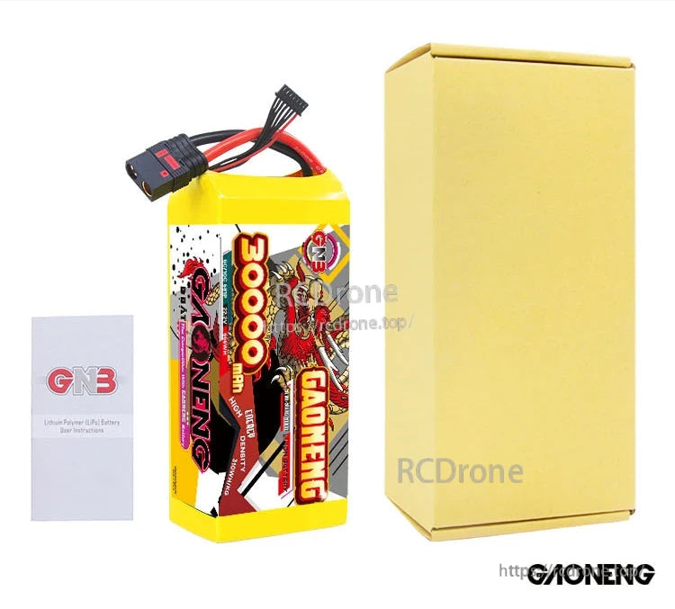 Package contents: GAONENG 30000mAh battery, plain cardboard box, and instruction leaflet