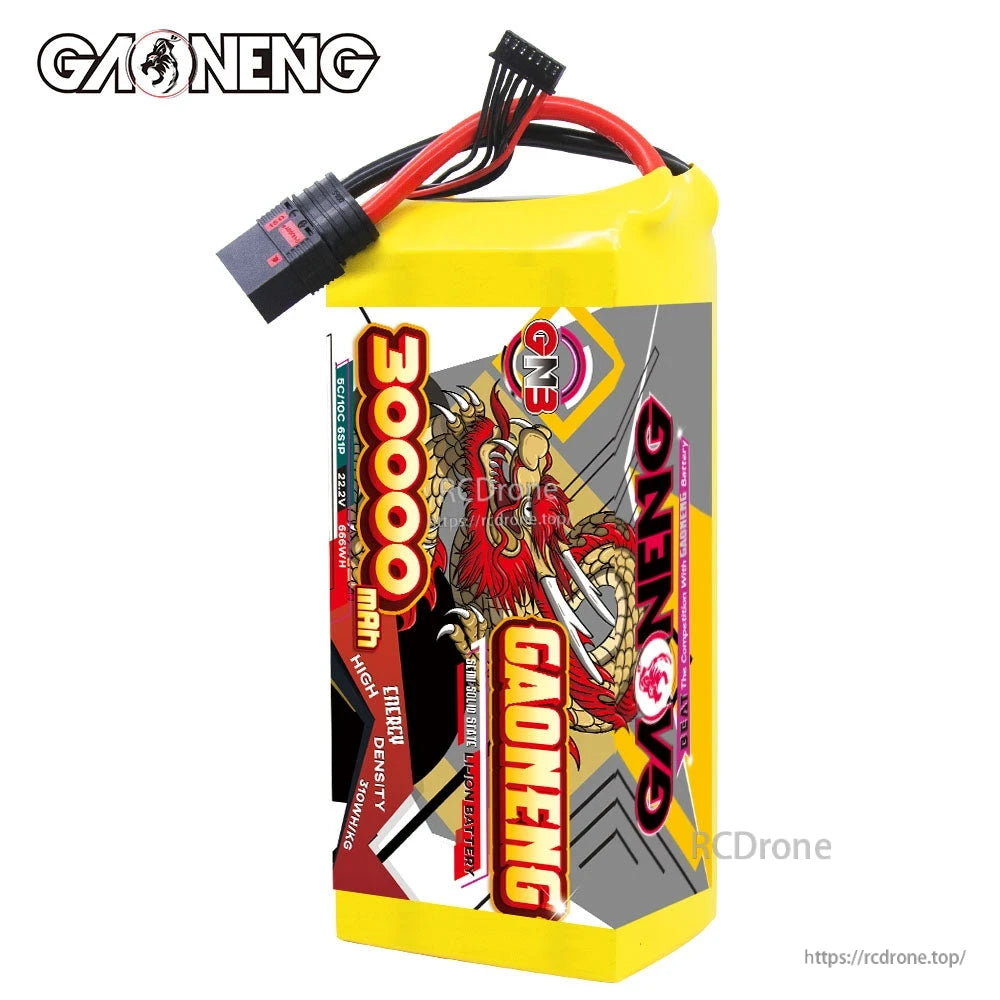 GAONENG 30000mAh battery upright front-side view showing wrap design and top wiring