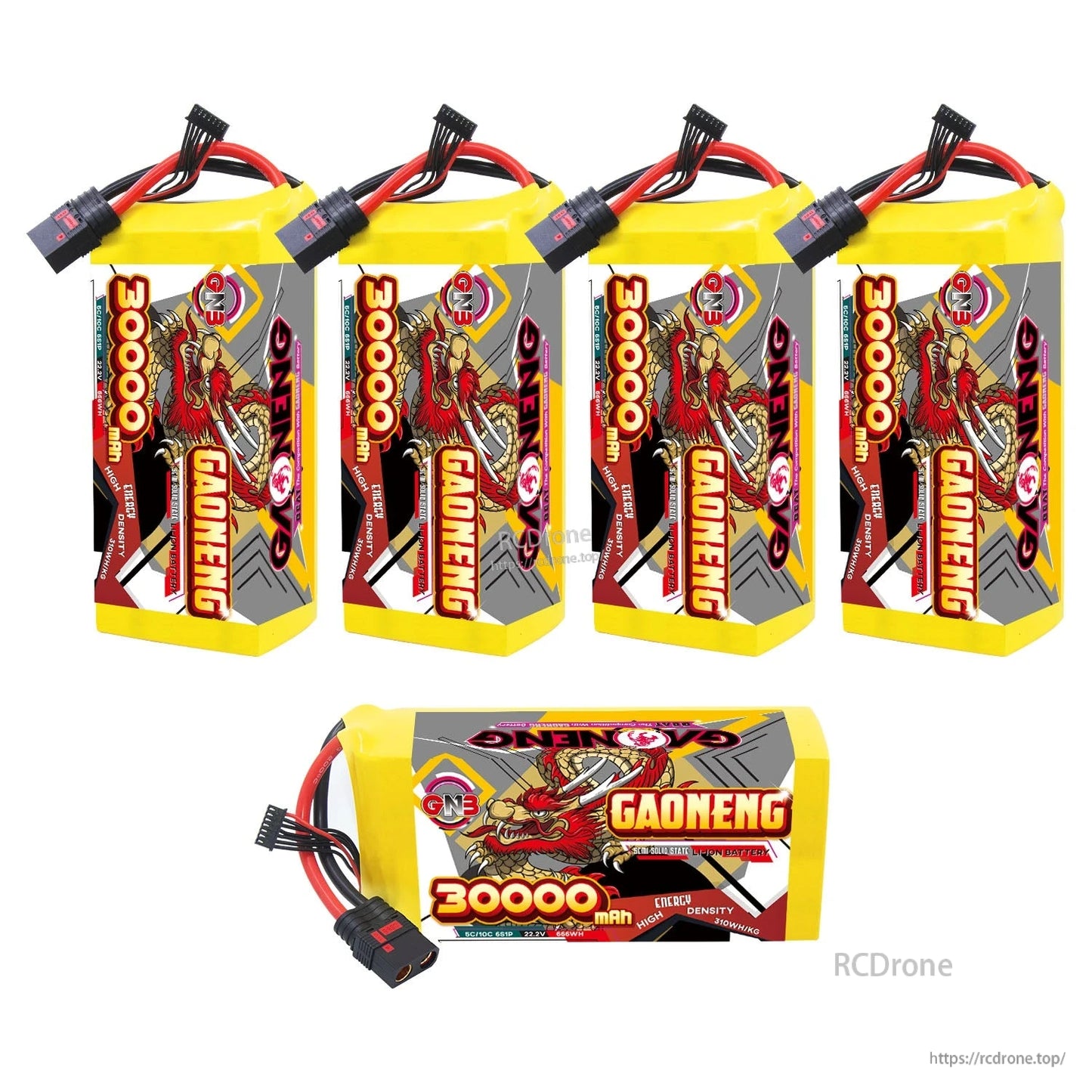 Five-pack display: four upright GAONENG 30000mAh batteries plus one horizontal pack view