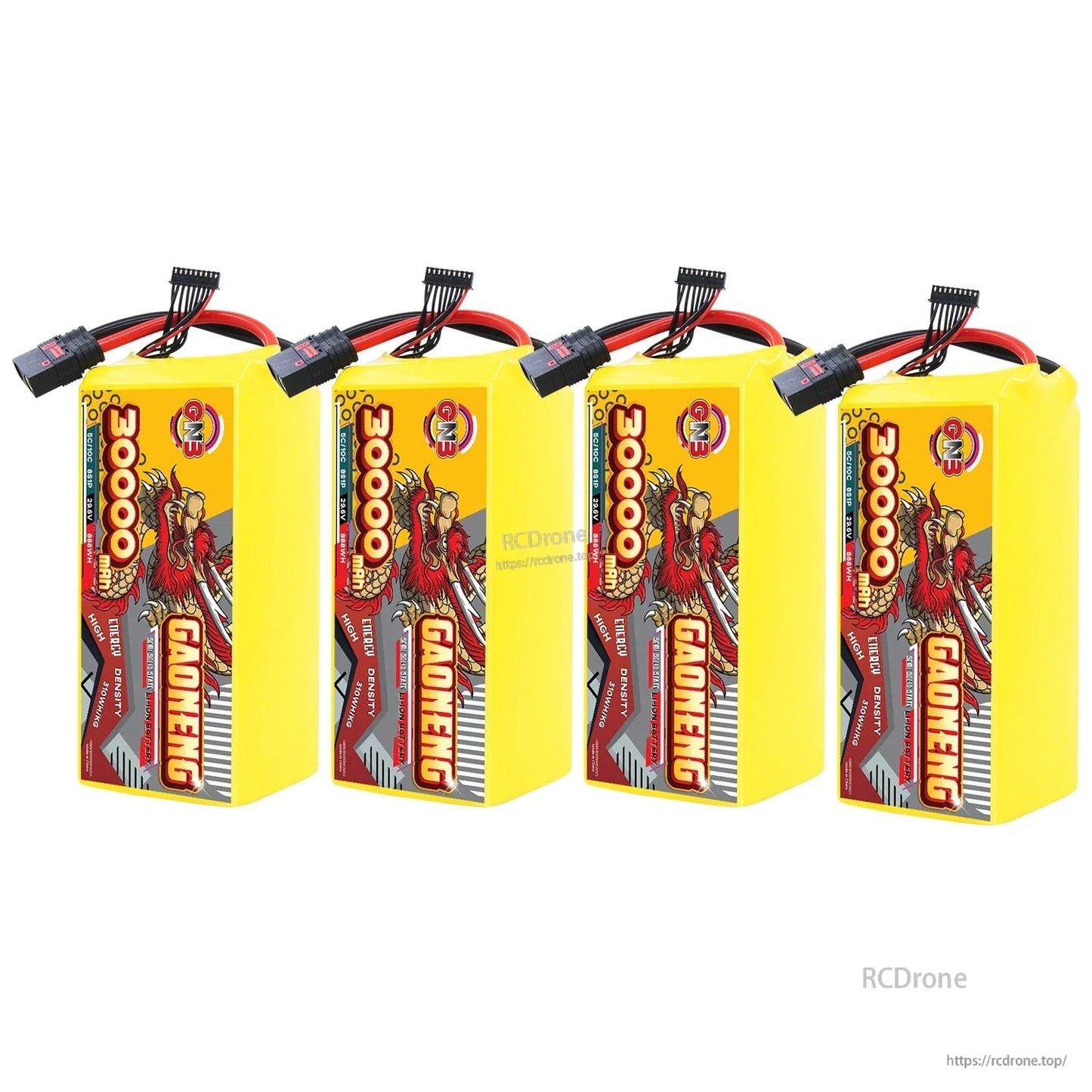 Four GAONENG 30000mAh battery packs displayed in a row, upright orientation