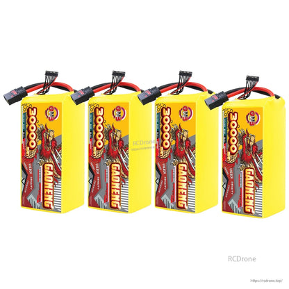 Four GAONENG 30000mAh battery packs displayed in a row, upright orientation