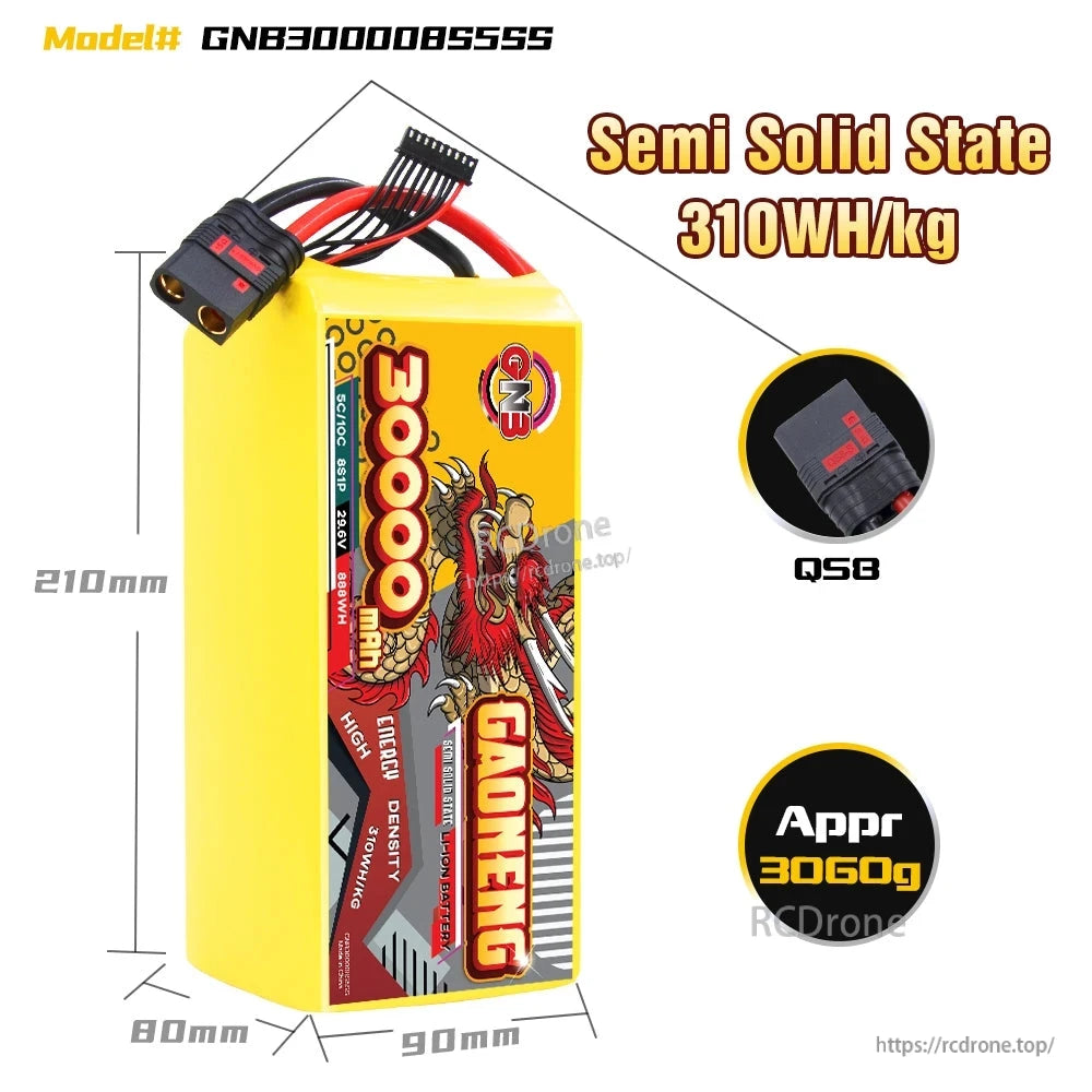 Dimension chart for GNB30000 8S pack showing approx 210×90×80 mm, QS8 connector close-up, weight note