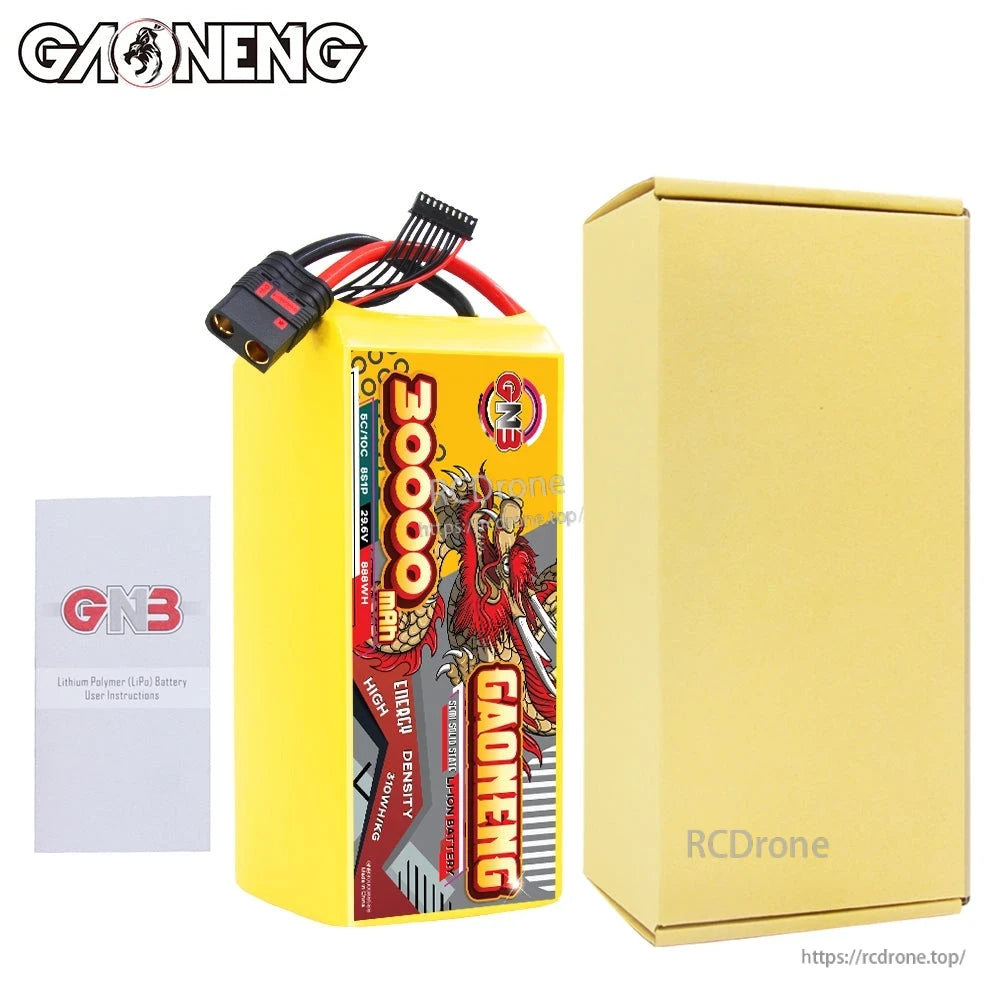 Package contents: GAONENG 30000mAh battery pack, instruction leaflet, and gold retail box