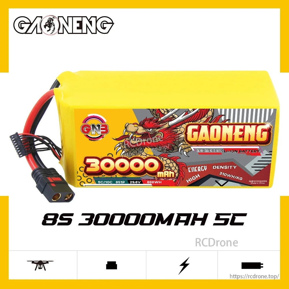 GAONENG GNB 8S 30000mAh 5C semi solid state Li-ion battery pack, side profile with discharge and balance leads
