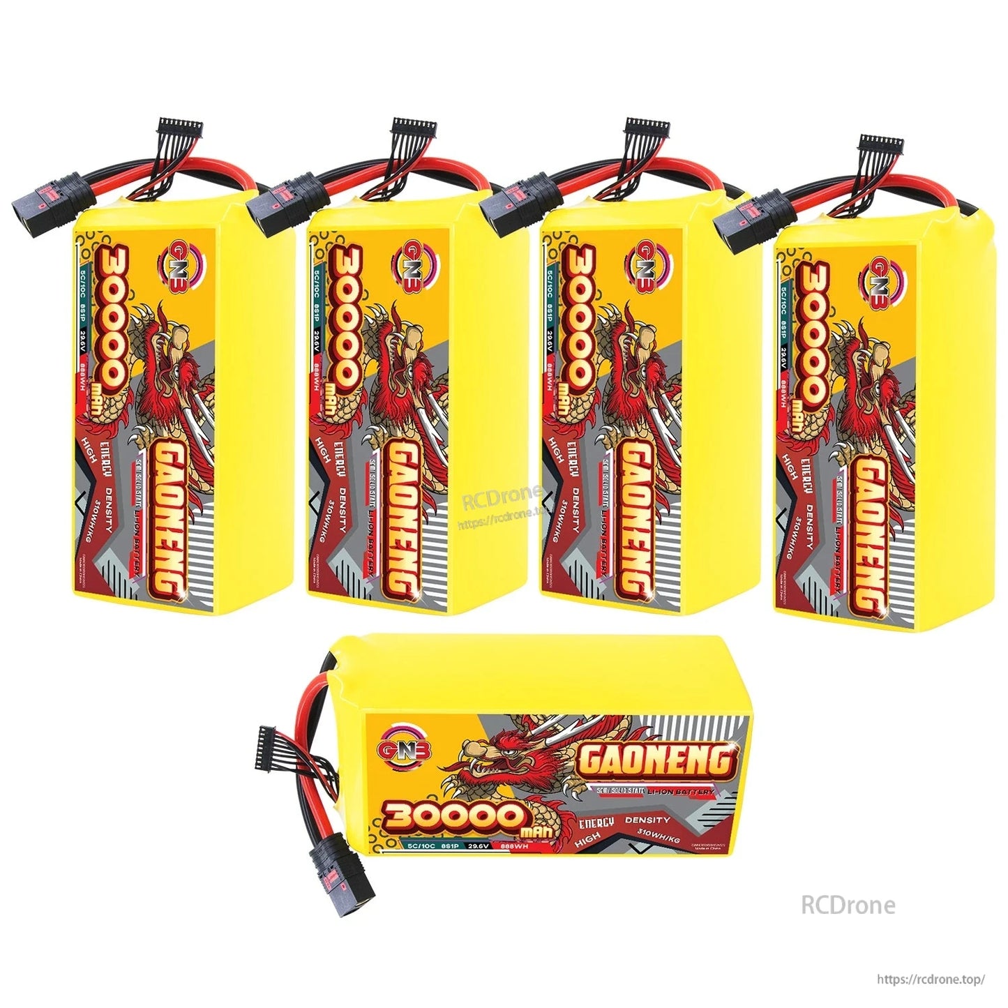 Five GAONENG battery packs shown: four upright plus one horizontal pack displaying the top label and wiring