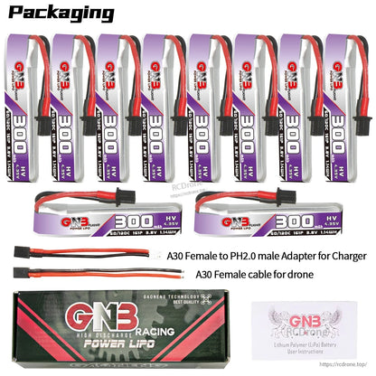 Packaging contents set with ten batteries plus A30 to PH2.0 adapter, A30 pigtail, box and card