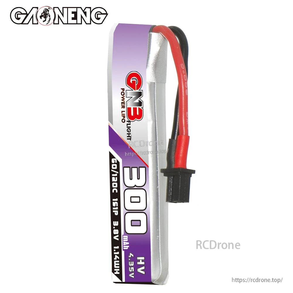 Single GNB 300mAh HV LiPo battery standing view showing full wrap label and A30 connector