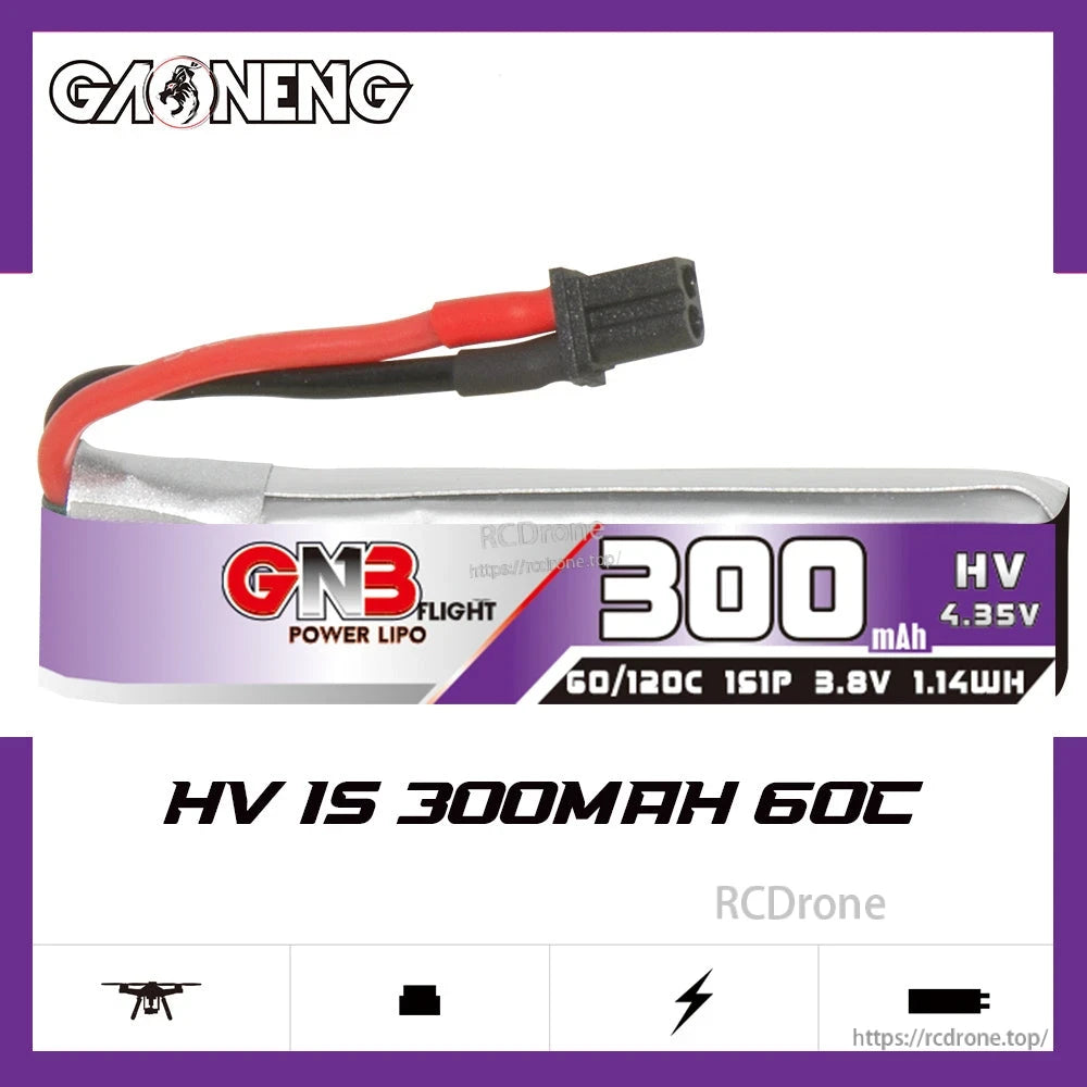 GAONENG GNB 300mAh 1S 3.8V LiHV 60C LiPo Battery label graphic with A30 connector shown