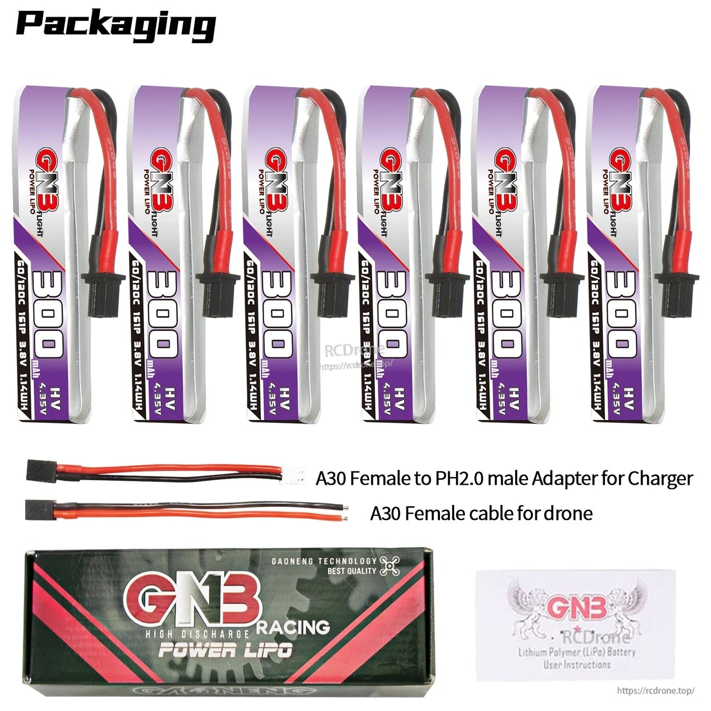 Packaging contents set with six batteries plus A30 to PH2.0 adapter, A30 pigtail, box and card