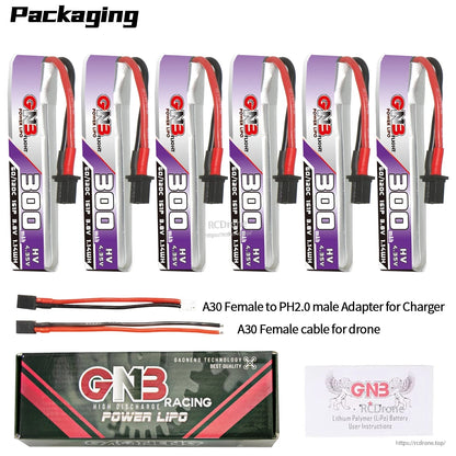 Packaging contents set with six batteries plus A30 to PH2.0 adapter, A30 pigtail, box and card