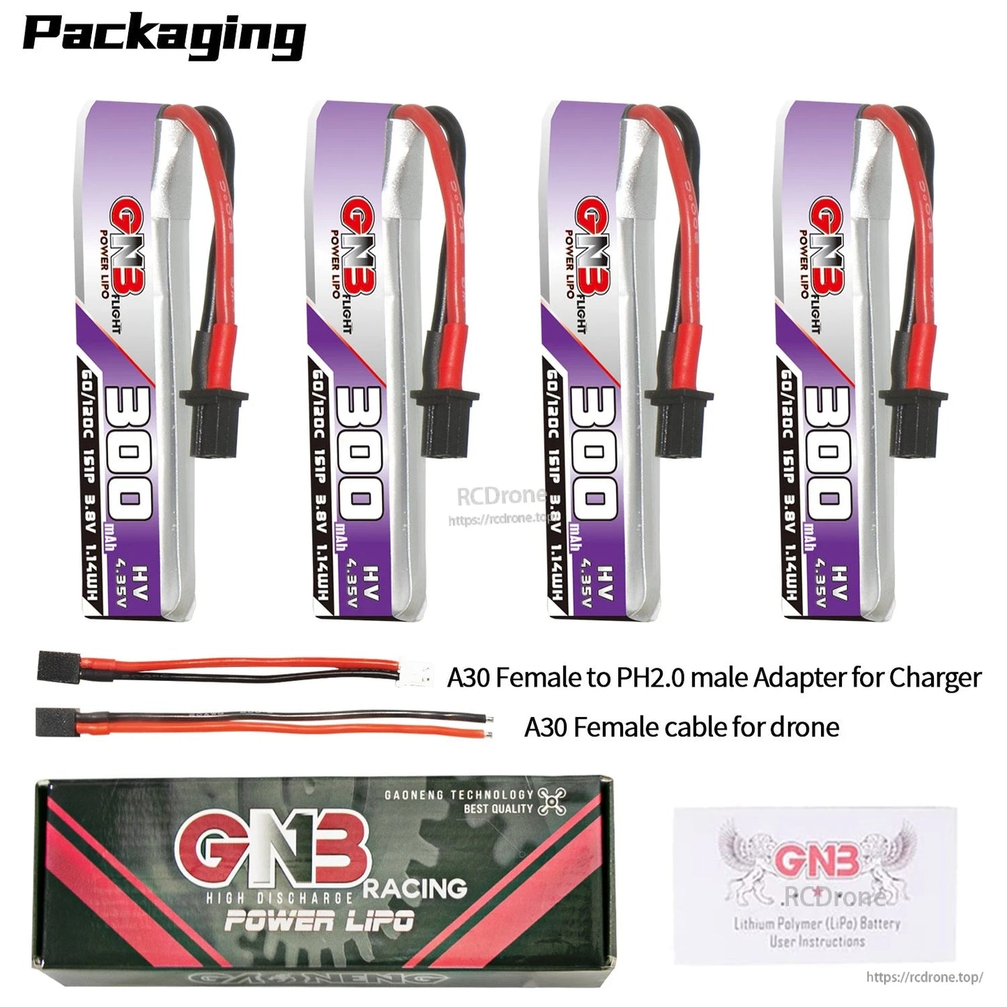 Packaging contents set with four batteries, A30 to PH2.0 adapter lead, A30 pigtail, box and card