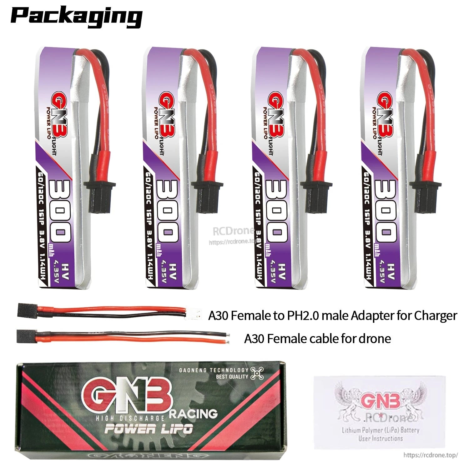 Packaging contents set with four batteries, A30 to PH2.0 adapter lead, A30 pigtail, box and card