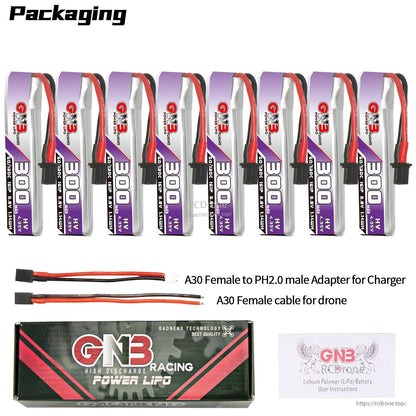 Packaging contents set with eight batteries plus A30 to PH2.0 adapter, A30 pigtail, box and card