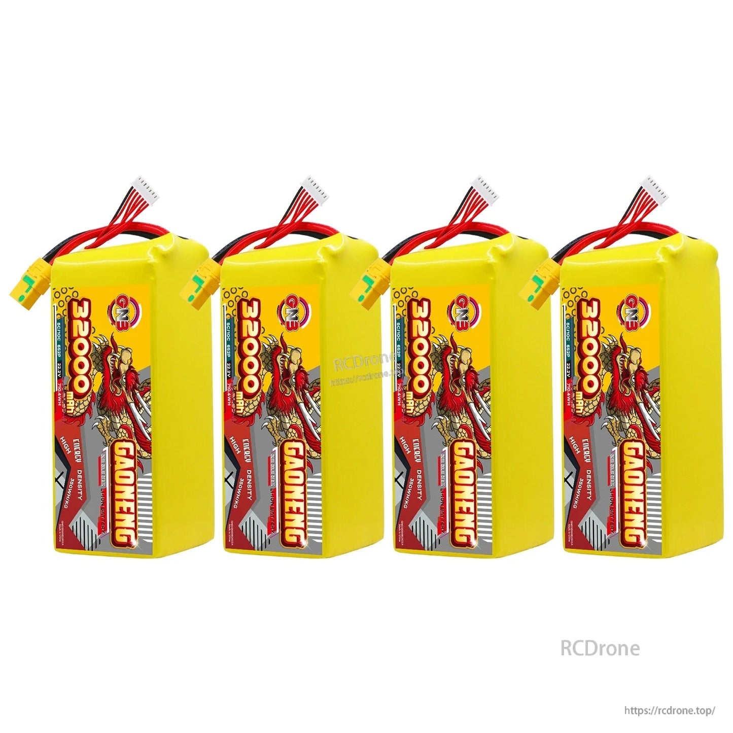 Four GAONENG 32000mAh battery packs lined up with balance leads visible