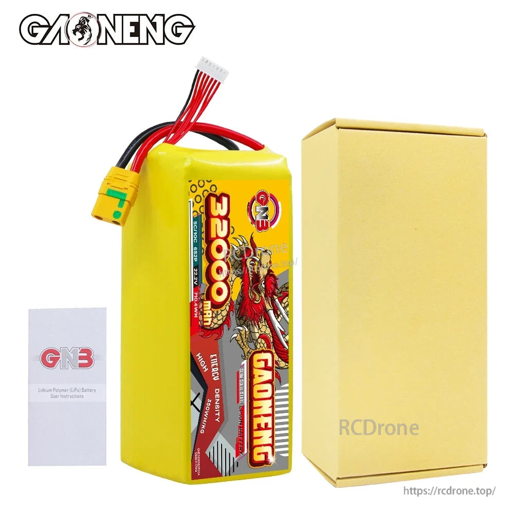Package contents: GAONENG 32000mAh battery, plain box, and GNB user instructions booklet