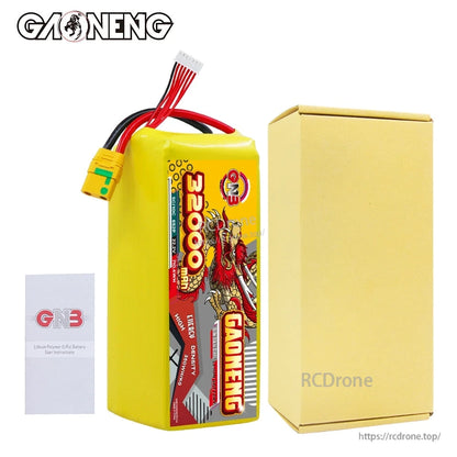 Package contents: GAONENG 32000mAh battery, plain box, and GNB user instructions booklet