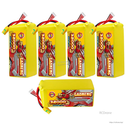 Five GAONENG 32000mAh battery packs shown, including one laid flat and four upright