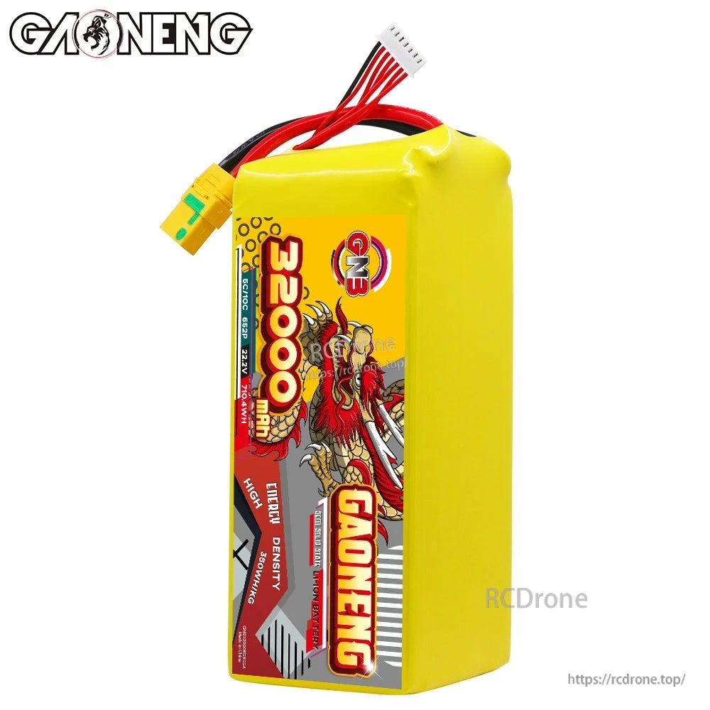 Upright front label view of GAONENG 32000mAh battery showing attached XT90S-F connector and balance lead
