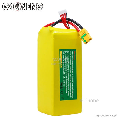 Rear view of GAONENG battery showing green safety label panel and top wiring leads