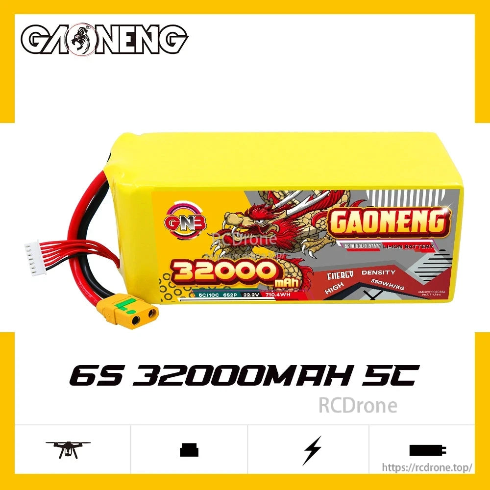 Side profile of GAONENG GNB 6S 32000mAh 5C battery on white background graphic