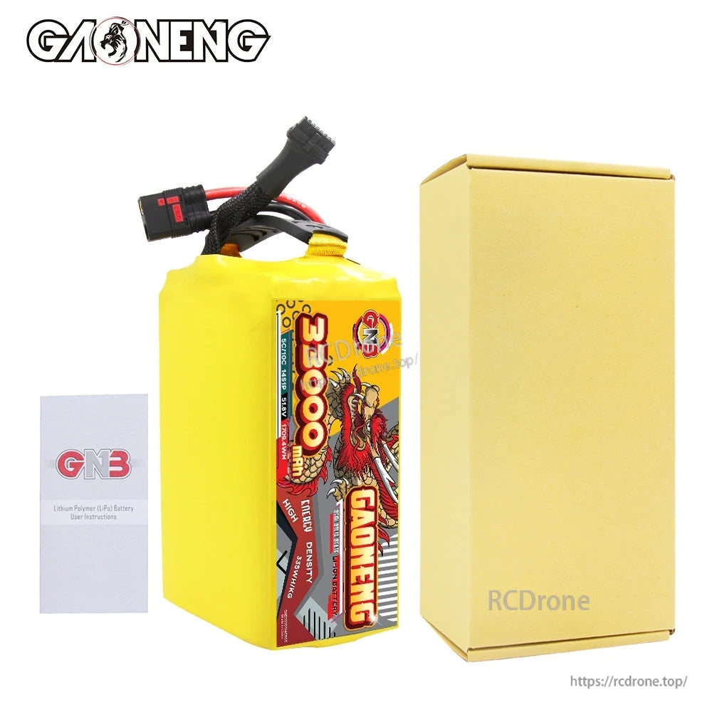 Package contents: GAONENG 33000mAh battery pack, instruction leaflet, and plain cardboard box
