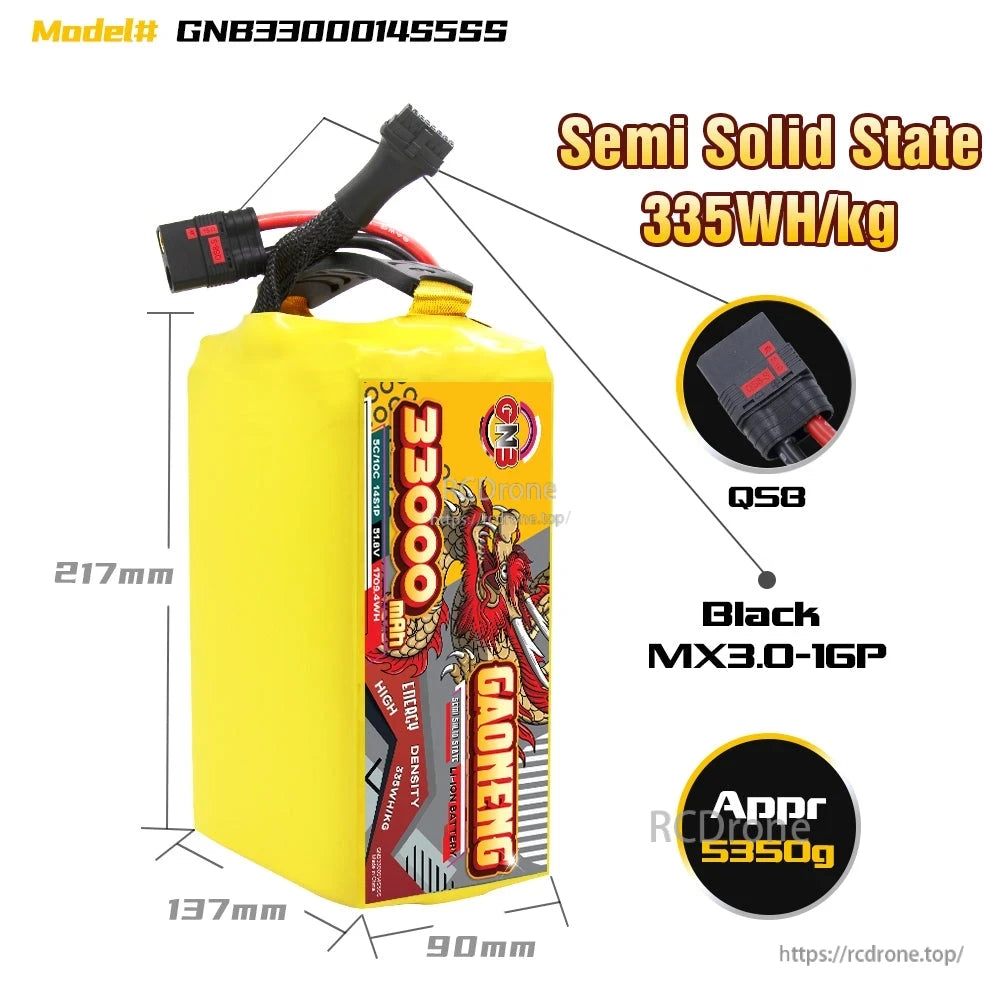 Battery dimensions and weight diagram with QS8 plug, 217×137×90 mm, approx 5350 g