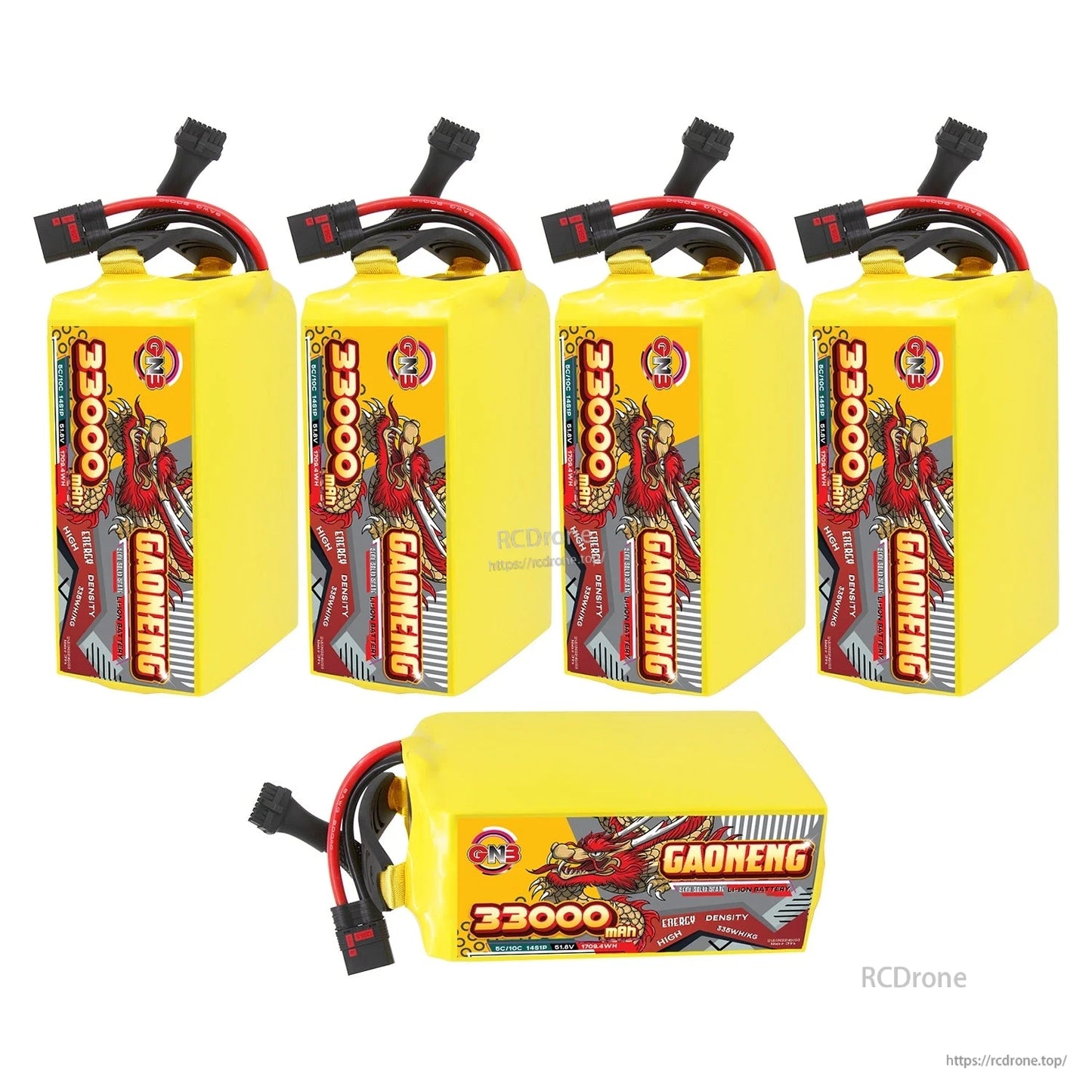 Four upright battery packs plus one horizontal pack showing different orientations and connectors