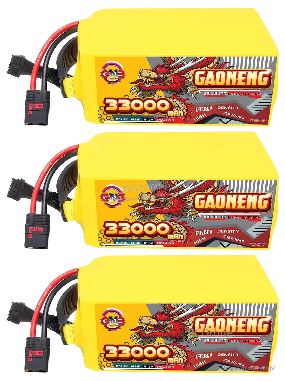 Three GAONENG 33000mAh battery packs stacked horizontally showing side labels and QS8 leads