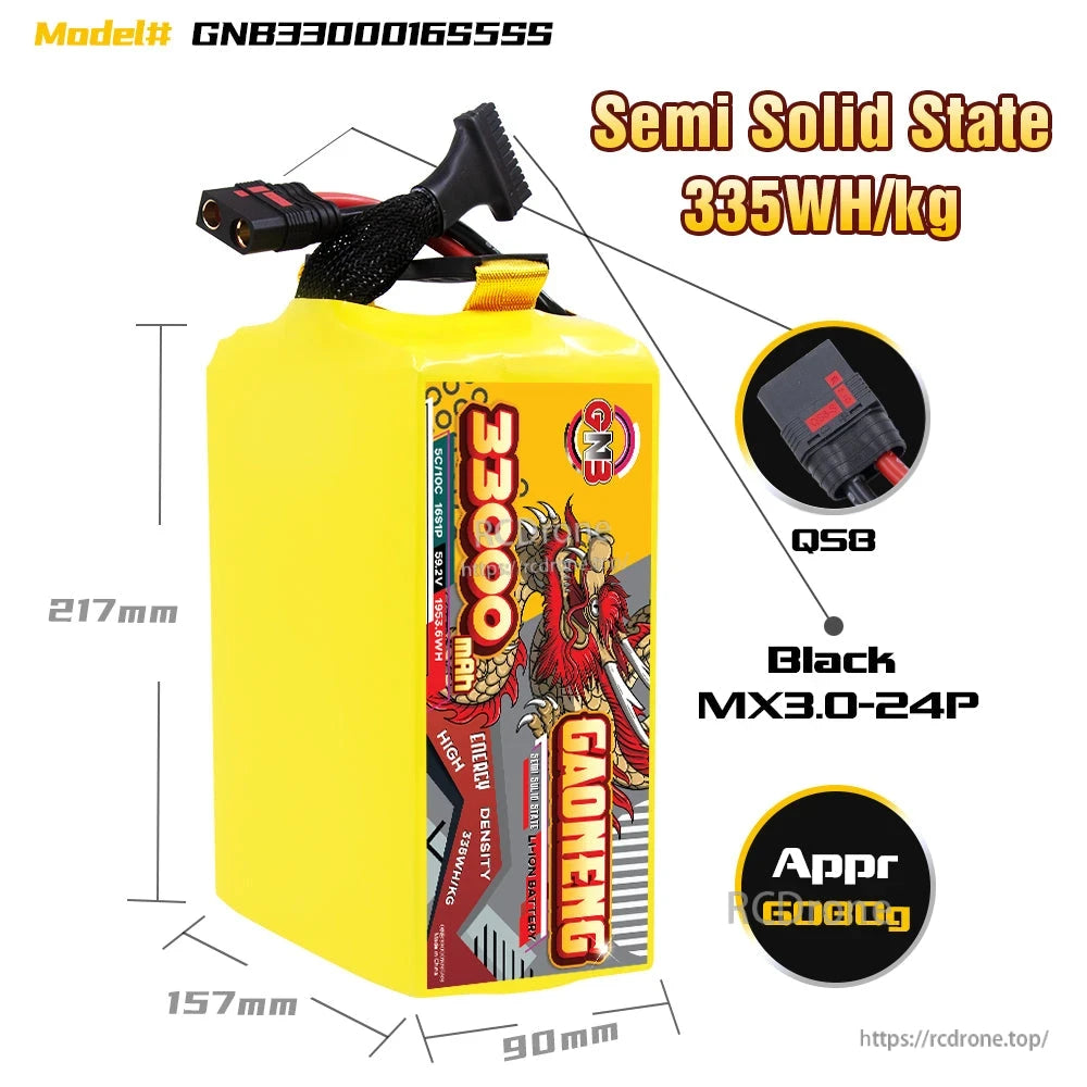 Battery dimensions and connector callouts graphic for GNB3300016S5SSS, QS8 and MX3.0-24P