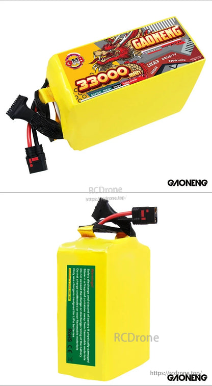 Two-angle collage showing top/side label view and rear safety label view of the battery pack