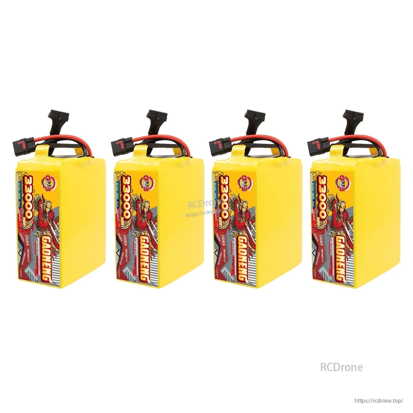 Four GAONENG 33000mAh 18S battery packs lined up in a row, upright view