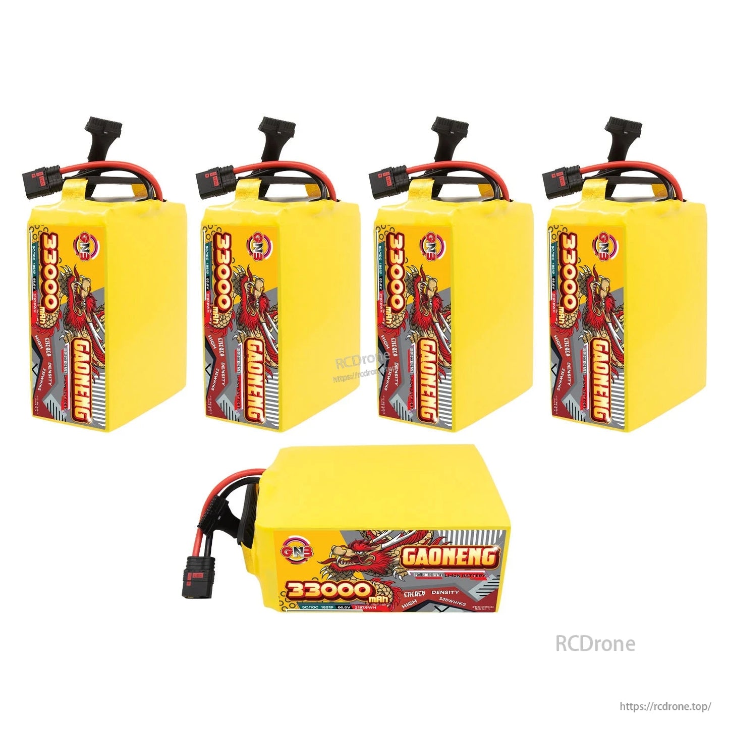 Four upright battery packs plus one horizontal pack shown together, multiple-angle set