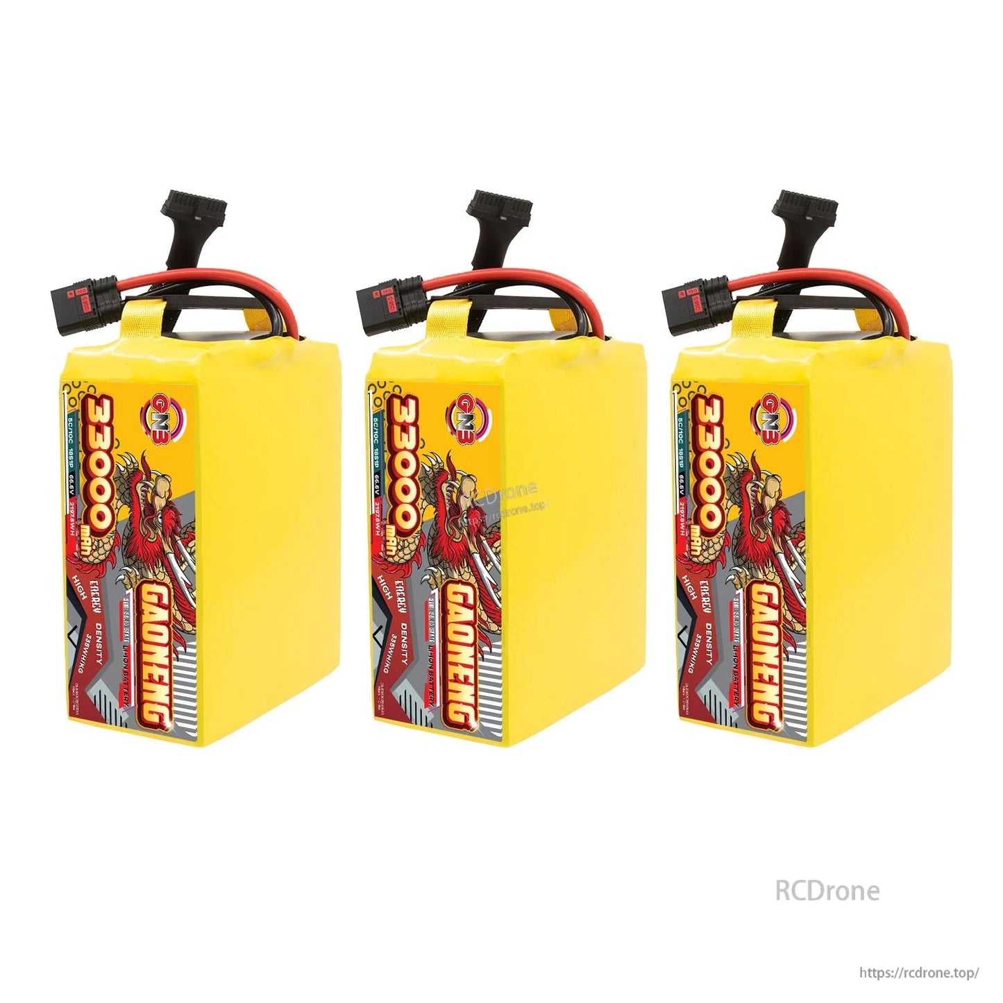 Three GAONENG 33000mAh 18S battery packs lined up, upright view with power and balance leads