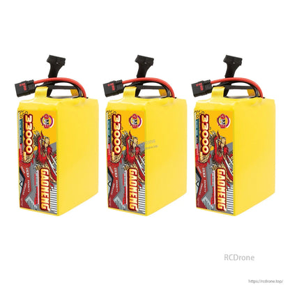 Three GAONENG 33000mAh 18S battery packs lined up, upright view with power and balance leads