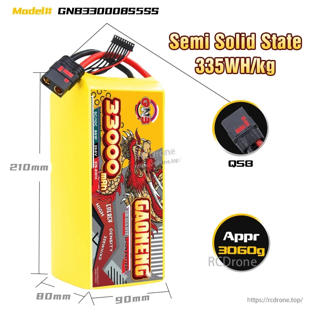 Battery size diagram with dimensions (210×90×80mm) and QS8 connector callout, 335Wh/kg text