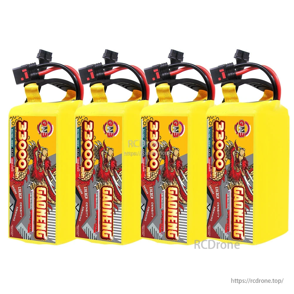 Four GAONENG GNB 33000mAh battery packs grouped upright with top leads visible