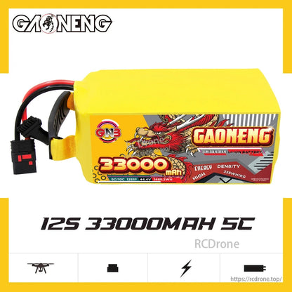 GNB 12S 33000mAh 5C battery pack banner graphic, side profile with connector leads