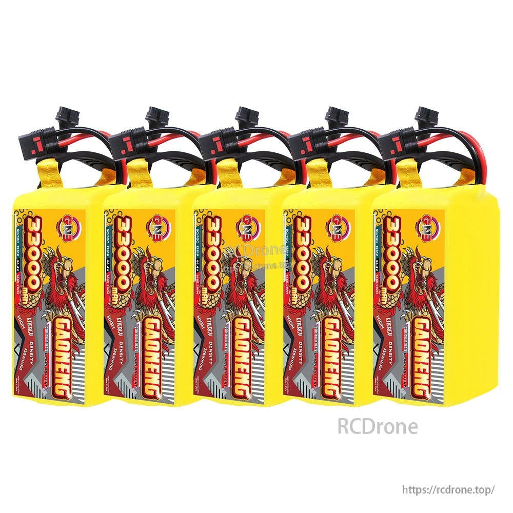 Five GAONENG GNB 33000mAh battery packs grouped upright, front label view