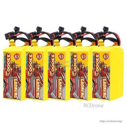 Five GAONENG GNB 33000mAh battery packs grouped upright, front label view