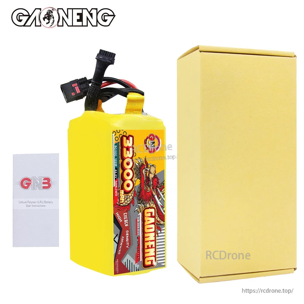 Package contents: GAONENG GNB 33000mAh battery pack, instruction leaflet, and cardboard box