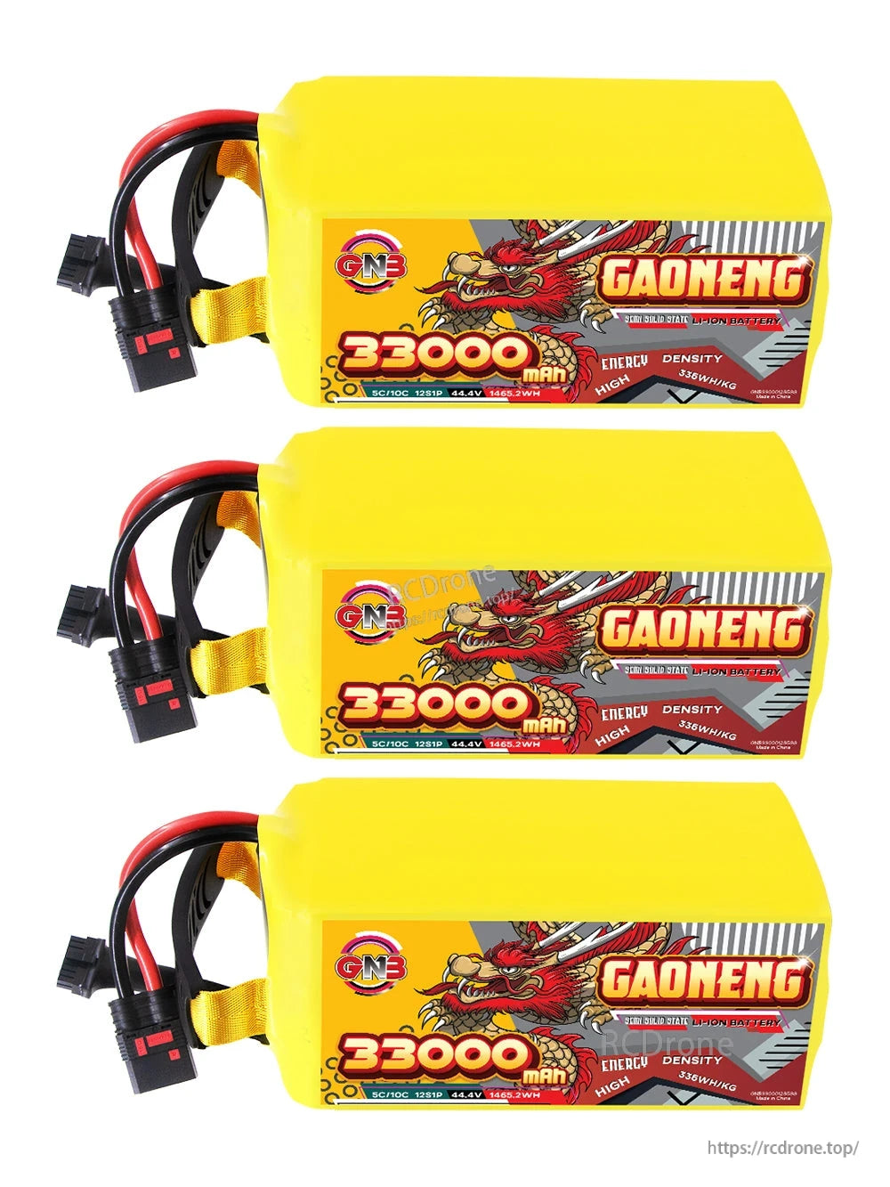 Three GAONENG GNB 33000mAh battery packs stacked, showing side labels and connector leads